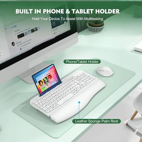 مجموعة لوحة مفاتيح وماوس لاسلكية، لوحة مفاتيح مريحة لاسلكية EAYBLLY Wave Keys مع مسند معصم مبطن، حامل هاتف، مجموعة ماوس لوحة مفاتيح لاسلكية صامتة 2.4 جيجا هرتز للكمبيوتر والكمبيوتر المحمول والكمبيوتر الشخصي والنوافذ in Kuwait