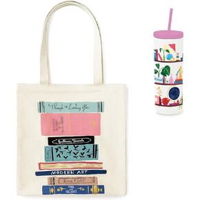 kate spade new york Canvas Tote Bag in Stack of Classics Bundle with Acrylic 24 oz Tumbler with Straw in Charmed Library in Kuwait