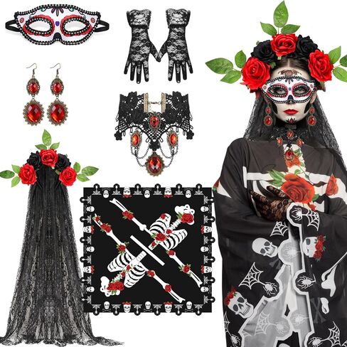 WILLBOND 6 Pcs Day of The Dead Costume for Women Halloween Skeleton Cape Rose Headband Masquerade Eye Mask Vampire Jewelry in Saudi Arabia