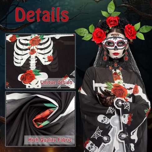 WILLBOND 6 Pcs Day of The Dead Costume for Women Halloween Skeleton Cape Rose Headband Masquerade Eye Mask Vampire Jewelry in Saudi Arabia