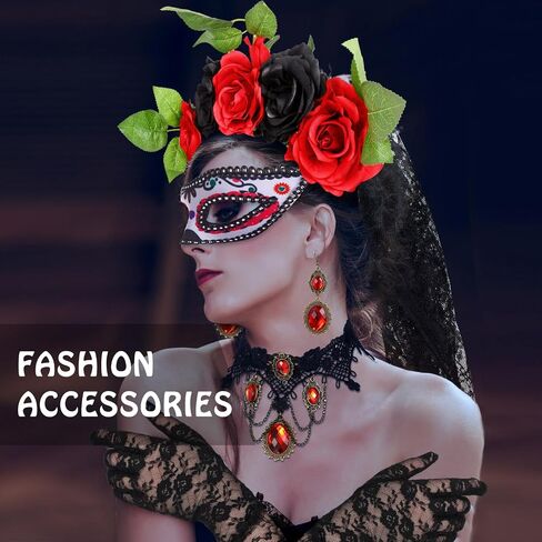 WILLBOND 6 Pcs Day of The Dead Costume for Women Halloween Skeleton Cape Rose Headband Masquerade Eye Mask Vampire Jewelry in Saudi Arabia
