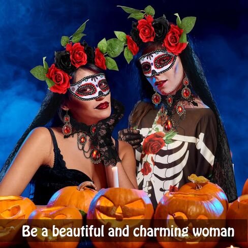 WILLBOND 6 Pcs Day of The Dead Costume for Women Halloween Skeleton Cape Rose Headband Masquerade Eye Mask Vampire Jewelry in Saudi Arabia