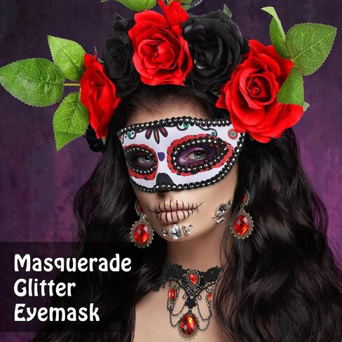 WILLBOND 6 Pcs Day of The Dead Costume for Women Halloween Skeleton Cape Rose Headband Masquerade Eye Mask Vampire Jewelry in Saudi Arabia