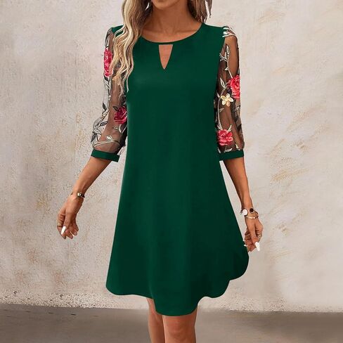 Retro Sundresses for Women Keyhole 3/4 Sleeve Floral Crew Neck Bohemian Mini Dress Casual Fashion Elegant Costumes in Saudi Arabia