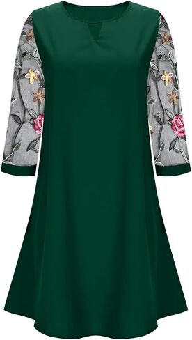 Retro Sundresses for Women Keyhole 3/4 Sleeve Floral Crew Neck Bohemian Mini Dress Casual Fashion Elegant Costumes in Saudi Arabia