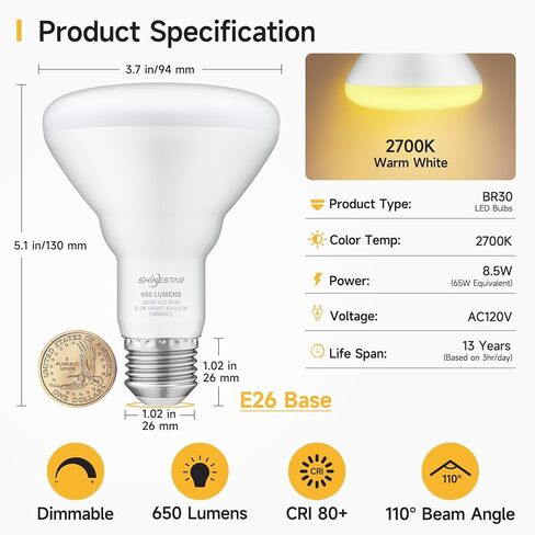 SHINESTAR 4-Pack BR30 LED Bulb، ما يعادل 65W، مصابيح إضاءة غائرة، 2700K أبيض دافئ، قابل للتعتيم، 650LM، قاعدة E26 in Kuwait