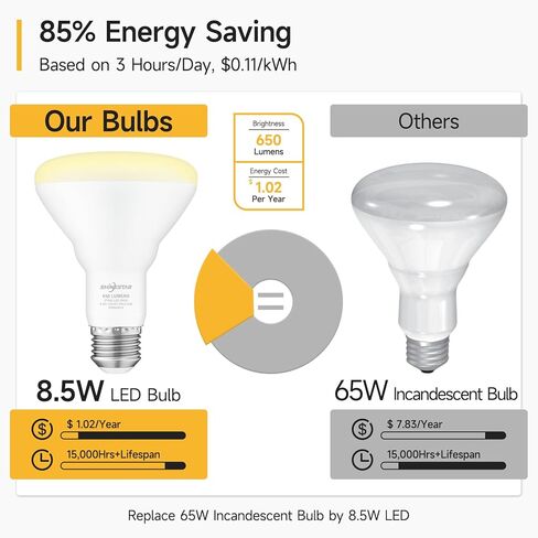 SHINESTAR 4-Pack BR30 LED Bulb، ما يعادل 65W، مصابيح إضاءة غائرة، 2700K أبيض دافئ، قابل للتعتيم، 650LM، قاعدة E26 in Kuwait