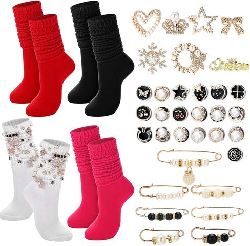 41 Pcs Sock Charms Kit with 4 Pairs Slouch Socks for Women, Jewelry Charms Pins Brooches for Women, Pearl and Rhinestone with Safety Pins, DIY Accessories for Decorating Shoe Sneakers in Saudi Arabia