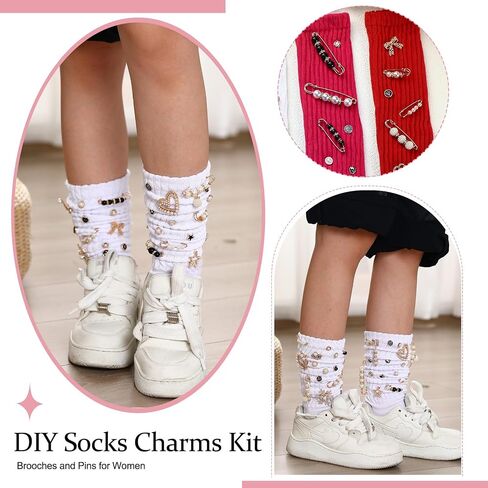 41 Pcs Sock Charms Kit with 4 Pairs Slouch Socks for Women, Jewelry Charms Pins Brooches for Women, Pearl and Rhinestone with Safety Pins, DIY Accessories for Decorating Shoe Sneakers in Saudi Arabia