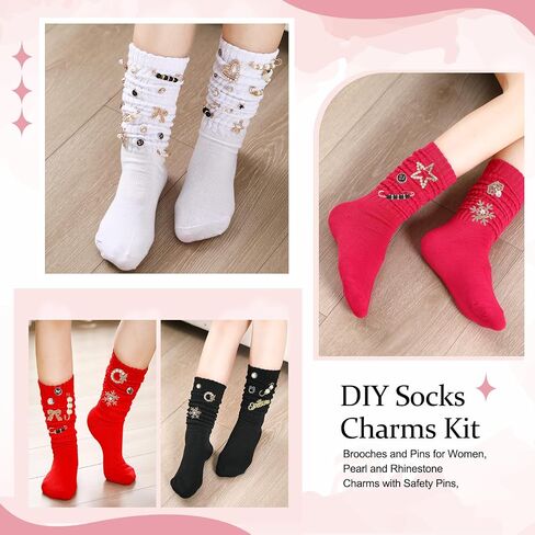 41 Pcs Sock Charms Kit with 4 Pairs Slouch Socks for Women, Jewelry Charms Pins Brooches for Women, Pearl and Rhinestone with Safety Pins, DIY Accessories for Decorating Shoe Sneakers in Saudi Arabia