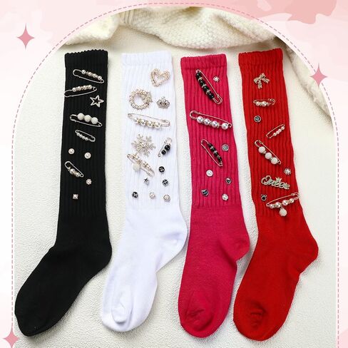 41 Pcs Sock Charms Kit with 4 Pairs Slouch Socks for Women, Jewelry Charms Pins Brooches for Women, Pearl and Rhinestone with Safety Pins, DIY Accessories for Decorating Shoe Sneakers in Saudi Arabia