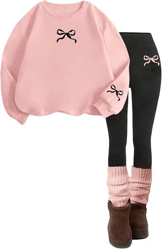 OYOANGLE Girl's 2 Piece Outfits Long Sleeve Bow Sweatshirt and Leggings Pants Fall Clothing Set in Saudi Arabia