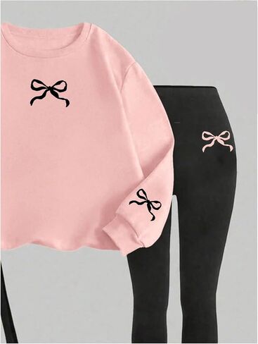 OYOANGLE Girl's 2 Piece Outfits Long Sleeve Bow Sweatshirt and Leggings Pants Fall Clothing Set in Saudi Arabia