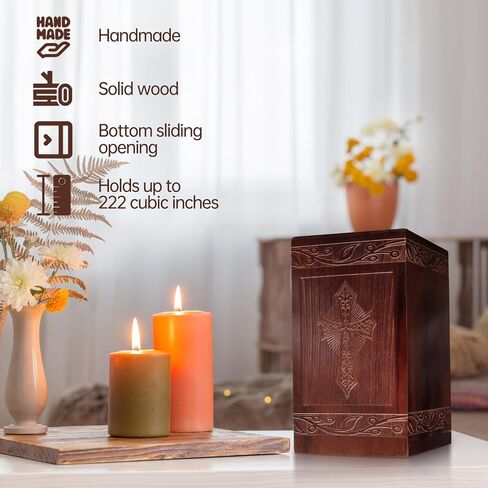 Wooden Cremation Urn for Human Ashes,Wooden Carved Cross Cremation Urns,Holds 250 Cubic Inches,Cat and Dog Pet Urns,Decorative Funeral Urn Box and Casket in Kuwait