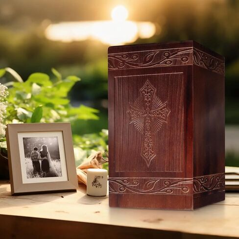 Wooden Cremation Urn for Human Ashes,Wooden Carved Cross Cremation Urns,Holds 250 Cubic Inches,Cat and Dog Pet Urns,Decorative Funeral Urn Box and Casket in Kuwait
