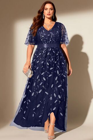 فساتين Pinup Fashion الرسمية ذات المقاسات الكبيرة - فساتين السهرة والتطريز بالترتر على شكل حرف V فستان طويل للحفلات الراقصة مع فتحة in Saudi Arabia