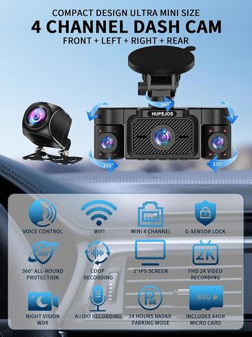 Dash Cam Front and Rear Inside, 360° Dash Camera for Cars 4 Channel 4K/2K FHD Mini Dashcam, Car Camera Built-in WiFi GPS, Free 64GB Card, Voice Control, Night Vision WDR/HDR,24/7 Parking Mode V50-4CH in Saudi Arabia