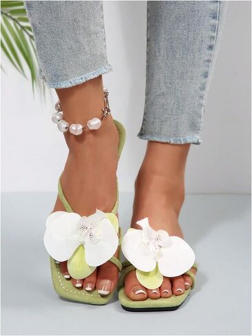 WDIRARA Women's Flower Sandals Dressy Summer Slippers Slides Beach Flat | Open Toe, Appliques in Saudi Arabia