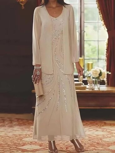 Sequin Chiffon Mother of The Bride Dresses with Jacket A Line Long Formal Wedding Guest Dress RO6 in Saudi Arabia