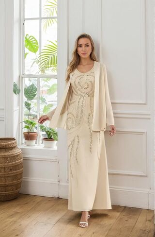 Sequin Chiffon Mother of The Bride Dresses with Jacket A Line Long Formal Wedding Guest Dress RO6 in Saudi Arabia