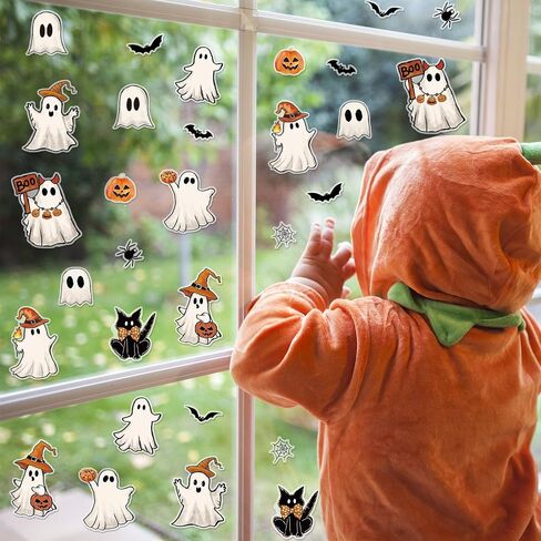 Whaline 2 Sheets Halloween Thick Gel Clings Cute Ghost Pumpkin Black Cat Bat Reusable Window Decals for Trick or Treat Birthday Party Supplies in Saudi Arabia