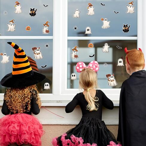 Whaline 2 Sheets Halloween Thick Gel Clings Cute Ghost Pumpkin Black Cat Bat Reusable Window Decals for Trick or Treat Birthday Party Supplies in Saudi Arabia