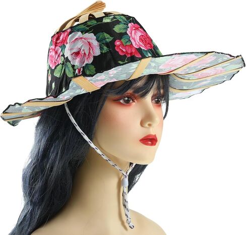 Handcrafted Bamboo Sun Hat for Women and Girl, Summer Flower Pattern Hand Fan Foldable Beach Hat for Travel Outdoor Multi in Saudi Arabia