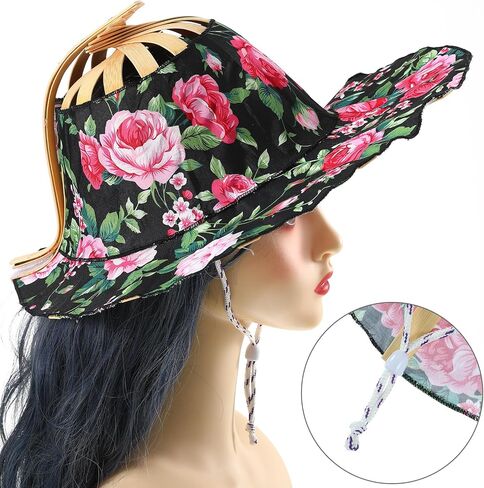 Handcrafted Bamboo Sun Hat for Women and Girl, Summer Flower Pattern Hand Fan Foldable Beach Hat for Travel Outdoor Multi in Saudi Arabia