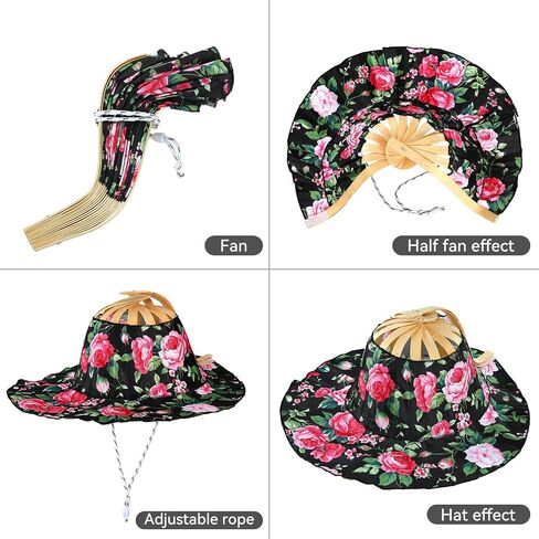 Handcrafted Bamboo Sun Hat for Women and Girl, Summer Flower Pattern Hand Fan Foldable Beach Hat for Travel Outdoor Multi in Saudi Arabia