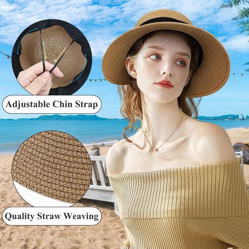Womens Sun Hat, Summer Wide Brim Beach Sun Straw Hat Foldable Packable Floppy Straw Beach Hat Bucket Hat for Travel in Saudi Arabia