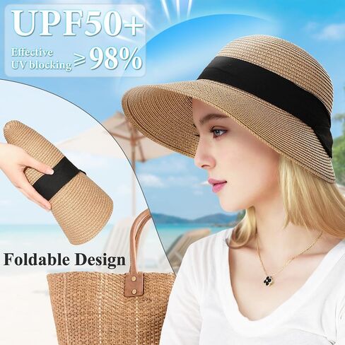 Womens Sun Hat, Summer Wide Brim Beach Sun Straw Hat Foldable Packable Floppy Straw Beach Hat Bucket Hat for Travel in Saudi Arabia