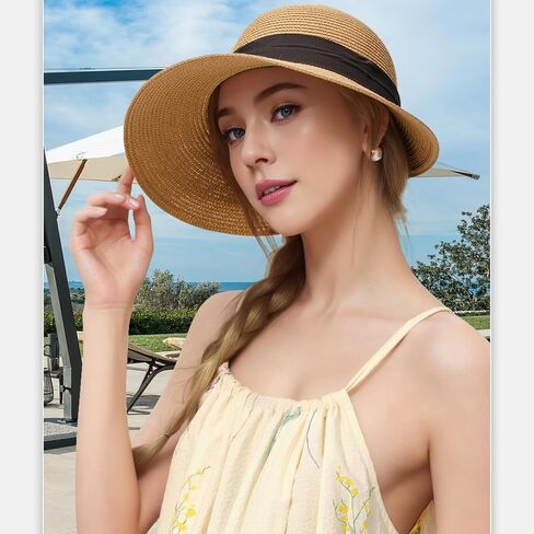 Womens Sun Hat, Summer Wide Brim Beach Sun Straw Hat Foldable Packable Floppy Straw Beach Hat Bucket Hat for Travel in Saudi Arabia