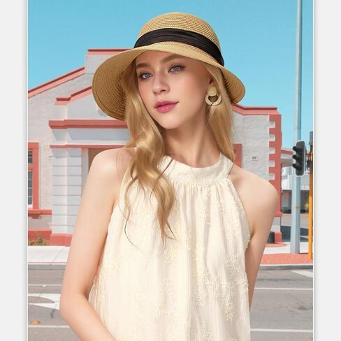 Womens Sun Hat, Summer Wide Brim Beach Sun Straw Hat Foldable Packable Floppy Straw Beach Hat Bucket Hat for Travel in Saudi Arabia