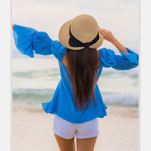 Womens Sun Hat, Summer Wide Brim Beach Sun Straw Hat Foldable Packable Floppy Straw Beach Hat Bucket Hat for Travel in Saudi Arabia