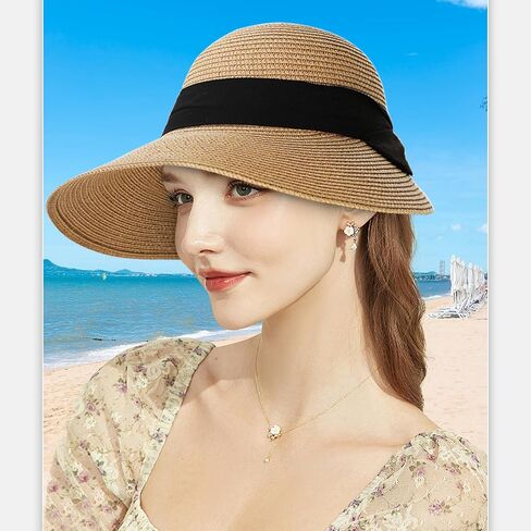 Womens Sun Hat, Summer Wide Brim Beach Sun Straw Hat Foldable Packable Floppy Straw Beach Hat Bucket Hat for Travel in Saudi Arabia