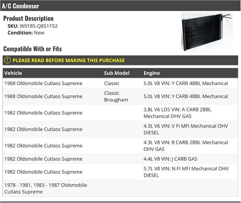 A/C Condenser - Compatible with 1978-1988 Oldsmobile Cutlass Supreme in Saudi Arabia