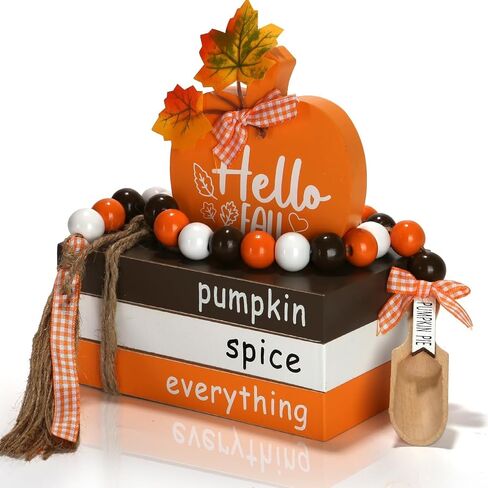 Fall Decorations for Home 5PCS Table Centerpieces, Tabletop Fall Decor for Tiered Tray Shelf Mantel Office Desk Thanksgiving Autumn Decoration Farmhouse Wood Faux Book Stack and Pumpkin Sign in Saudi Arabia