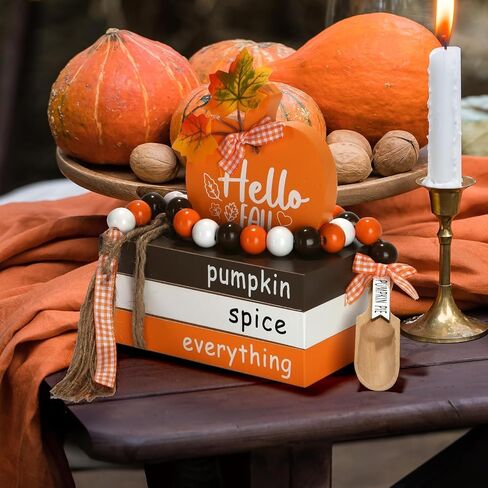 Fall Decorations for Home 5PCS Table Centerpieces, Tabletop Fall Decor for Tiered Tray Shelf Mantel Office Desk Thanksgiving Autumn Decoration Farmhouse Wood Faux Book Stack and Pumpkin Sign in Saudi Arabia