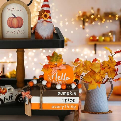 Fall Decorations for Home 5PCS Table Centerpieces, Tabletop Fall Decor for Tiered Tray Shelf Mantel Office Desk Thanksgiving Autumn Decoration Farmhouse Wood Faux Book Stack and Pumpkin Sign in Saudi Arabia