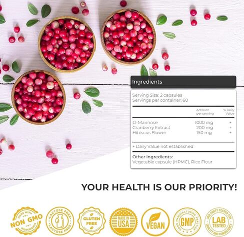 Urinary Tract Infection Treatments D Mannose 1000mg Capsules - Potent D-Mannose & Cranberry Pills with Hibiscus Extract - Healthy Bladder Control, Strength Urinary Tract Support (120 Capsules) in Saudi Arabia