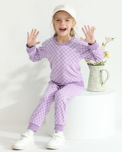 WESIDOM Toddler Baby Girl Clothes Checkered Long Sleeve Pullover Tops + Pants Toddler Girl Sweatsuit Fall Winter Outfits in Kuwait