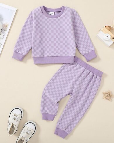 WESIDOM Toddler Baby Girl Clothes Checkered Long Sleeve Pullover Tops + Pants Toddler Girl Sweatsuit Fall Winter Outfits in Kuwait