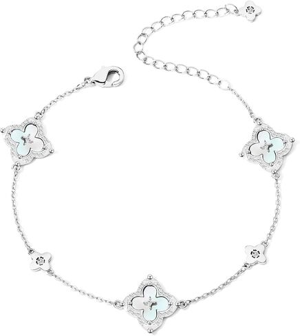 سوار البرسيم من فيل ستايل للنساء - سوار ساحر مطلي بالذهب/الفضة عيار 14 قيراط مع أم اللؤلؤ والزركونيا المكعبة - هدية مجوهرات لاكي فور ليف قابلة للتعديل 6.5 بوصة + 2 بوصة in Kuwait