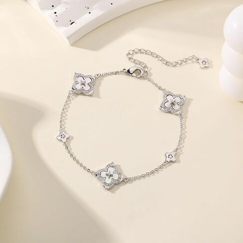 سوار البرسيم من فيل ستايل للنساء - سوار ساحر مطلي بالذهب/الفضة عيار 14 قيراط مع أم اللؤلؤ والزركونيا المكعبة - هدية مجوهرات لاكي فور ليف قابلة للتعديل 6.5 بوصة + 2 بوصة in Kuwait