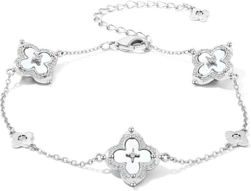 سوار البرسيم من فيل ستايل للنساء - سوار ساحر مطلي بالذهب/الفضة عيار 14 قيراط مع أم اللؤلؤ والزركونيا المكعبة - هدية مجوهرات لاكي فور ليف قابلة للتعديل 6.5 بوصة + 2 بوصة in Kuwait