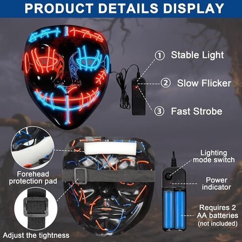 قناع إضاءة LED للهالوين - قناع تطهير متوهج ومخيف مع زي تنكري للحفلات التنكرية والمهرجانات (قطعتان) in Saudi Arabia