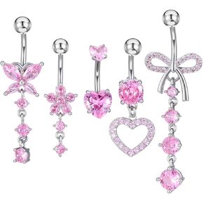 Belly Button Ring Dangle Stainless Steel 14G Belly Rings bellies Button Piercing Cute Pink CZ Heart Butterfly Bow Flower Dangling bellies Rings Silver Navel Ring Piercing Jewelry in Kuwait