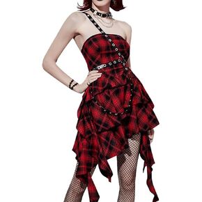 Womens Gothic Plaid Mini Dress Vintage Goth Cami Dress Y2K Punk Grunge Emo Dress in Kuwait
