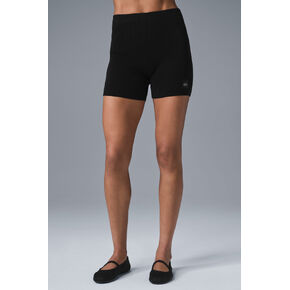 شورت Alo Yoga Scholar Knit عالي الخصر - أسود in Kuwait