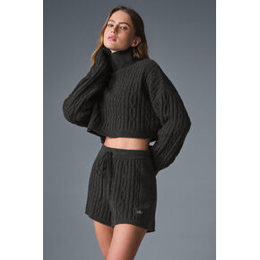 Alo Yoga Cable Knit Cropped Winter Bliss المدورة بأكمام طويلة - رمادي داكن منقط in Kuwait